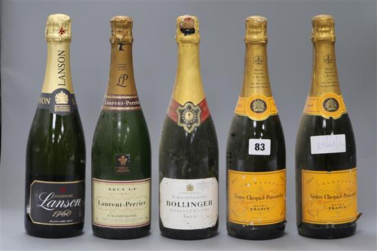 Five bottles of champagne including Bollinger, Lanson and Veuve Clicquot